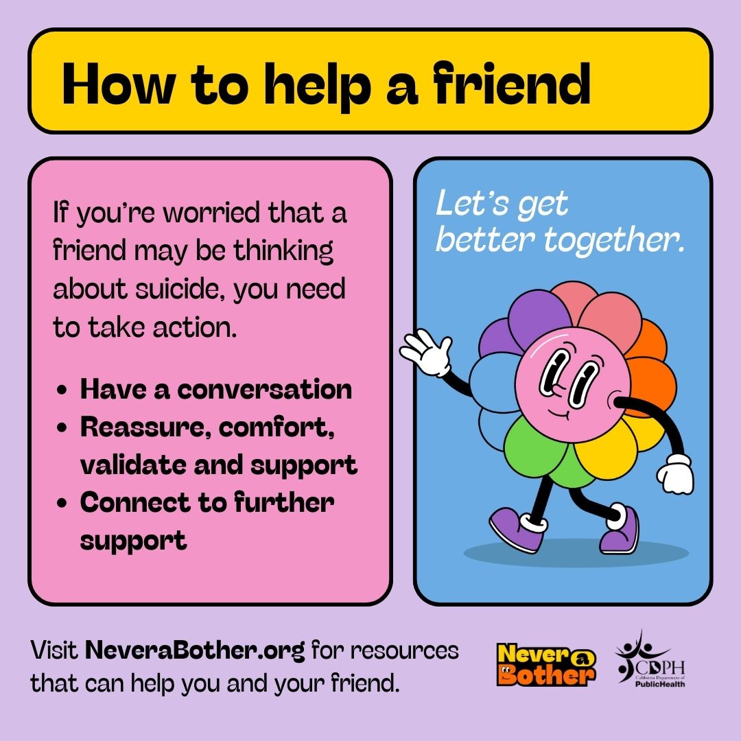 Make sure your friends know they are never a bother. Read about the warning signs of suicide and more ways on how to give support to a friend who may be in crisis at NeveraBother.org. #NeveraBother @CAPublicHealth @aclib