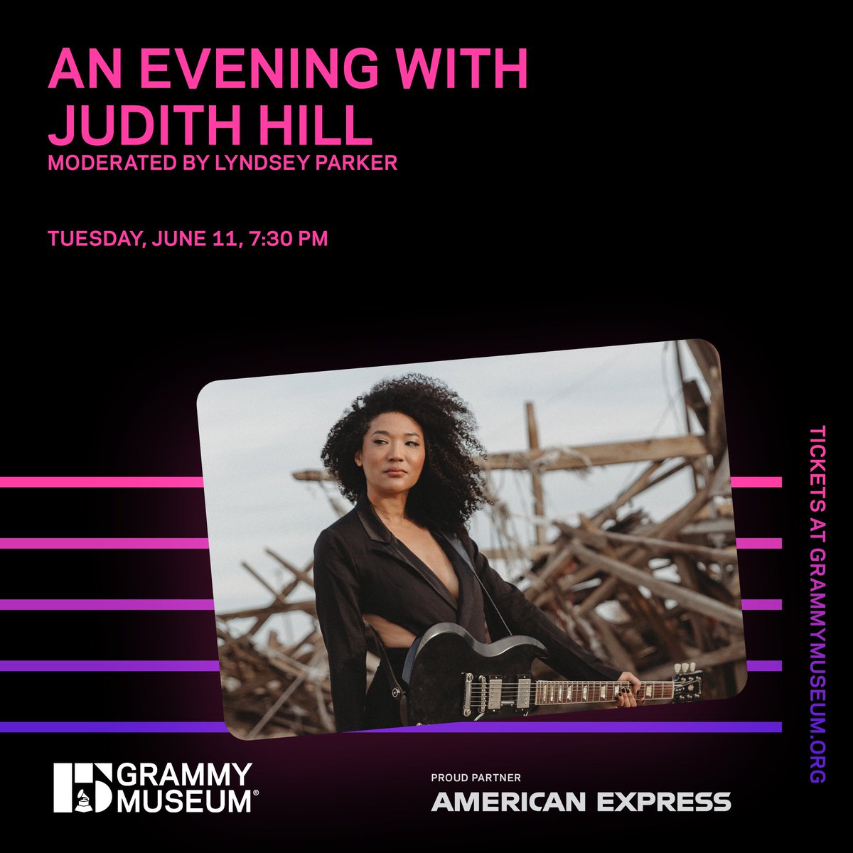 See you on the upside with @Judith_Hill! 💫

In celebration of her new album 'Letters from a Black Widow,' the artist will be in conversation with moderator @LyndseyParker and perform at the #GRAMMYMuseum.

#AmexPresale tickets (#withAmex terms apply):
grm.my/3K3EXsK