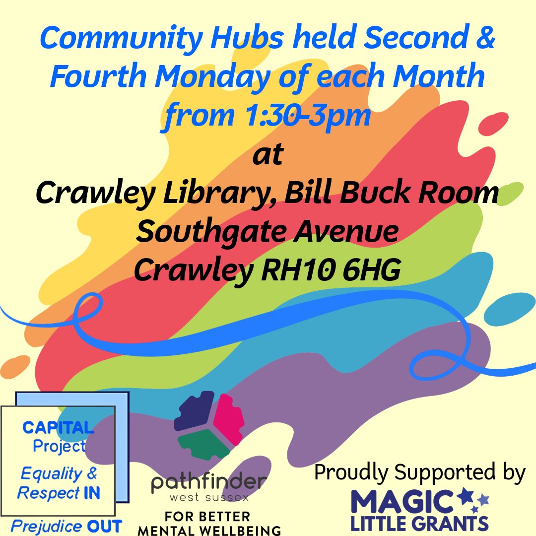 Come along to our #CommunityHub Drop-In sessions in Crawley, where you can share your mental health experience and take part in non-judgemental conversation and peer support. These sessions will also be an opportunity to look for help from both local and national services.