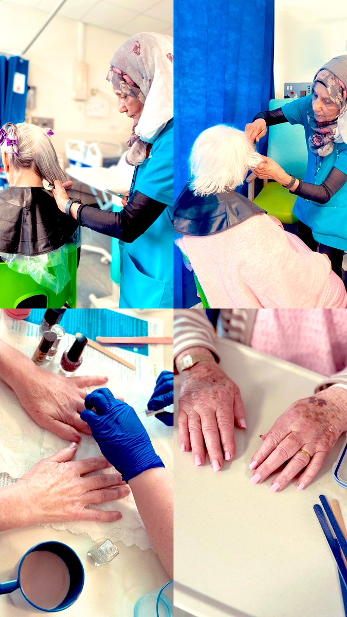 Very proud of Ward 29 today; organising a pamper session as part of #DAW2024 🧖🏼‍♀️🧖🏾‍♂️💅🏿 We had hair washes, blow-dries, trims and nail care by the team with help from the Voluntary service. Grateful to work with such a dedicated team 💙 @DementiaUK @AdmiralNurseUhl