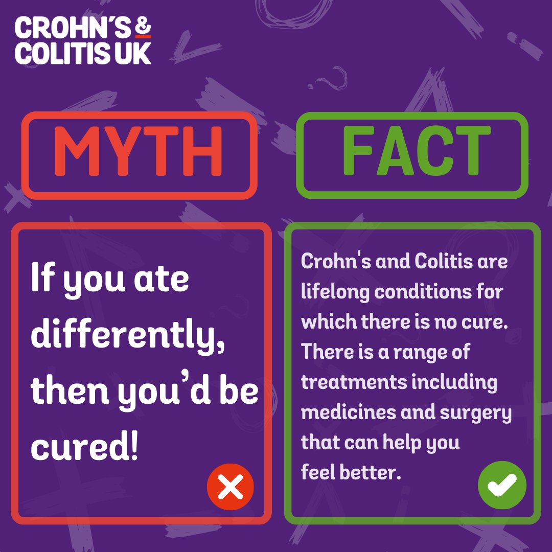 CrohnsColitisUK's tweet photo. If you have Crohn's or Colitis you've probably heard this one before... ."If you ate differently then you'd be cured!"

Sadly not.... Crohn's and Colitis are lifelong conditions for which there is no cure

For more #ibdmythbusting visit: https://t.co/dZHi3hji47 

#worldibdday https://t.co/xaiobSlQow