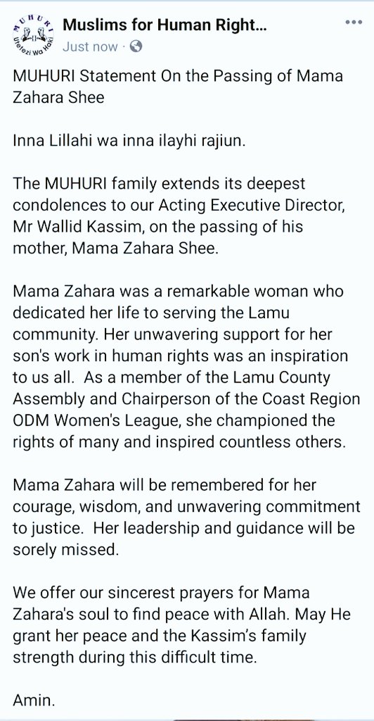 The MUHURI family extends its deepest condolences to our Acting Executive Director, Mr Wallid Kassim, on the passing of his mother, Mama Zahara Shee.