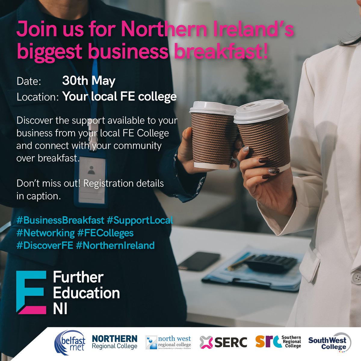 Come along to Belfast Met's Business Breakfast at the Linen Lounge in our Titanic Quarter Campus on Thursday 30 May!🍳
 
Discover the wide range of programmes and support we offer, designed to help your business thrive and expand.

Register here: ow.ly/ghsp50RBg7J