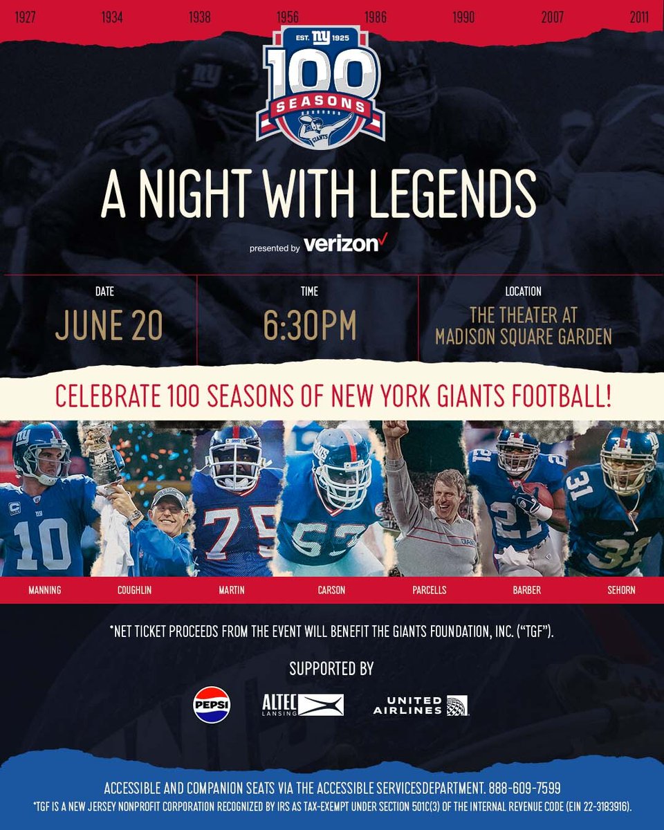 Celebrate 100 Seasons of Giants football! Spend an evening with legends and re-live the greatest moments in our history Secure your tickets 🎟: nygnt.co/tix-lg