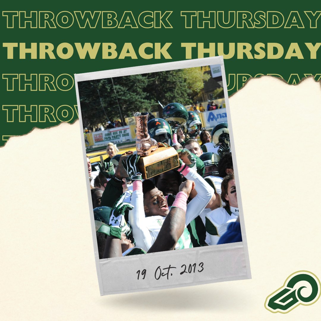 Throwback Thursday! In 2013 CSU reclaimed the Bronze Boot after 5 years with an emphatic 52-22 win over Wyoming! Grayson's 3 TDs, Bibbs' 201 rushing yards, and solid overall defense secured the victory. 🏈🔥  #ThrowbackThursday #BronzeBoot #CSURams