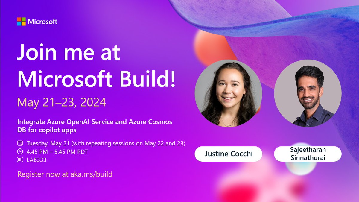 Check out this lab at #MSBuild: 'Integrate Azure OpenAI Service and #AzureCosmosDB for copilot apps.' Learn how to integrate Azure OpenAI Service and Azure Cosmos DB to build Generative AI Chat applications.

Tues 5/21/2024 - 4:45 PM PT

Register: build.microsoft.com/sessions/f50c5…