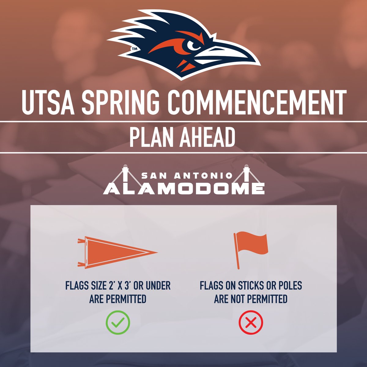 🚨 Know before you go! UTSA Spring Commencements 🎓 Fri. May 17, 2024 | 10:00 AM & 4:30 PM 📍Alamodome, 100 Montana Street 🌐 Visit alamodome.com for more info