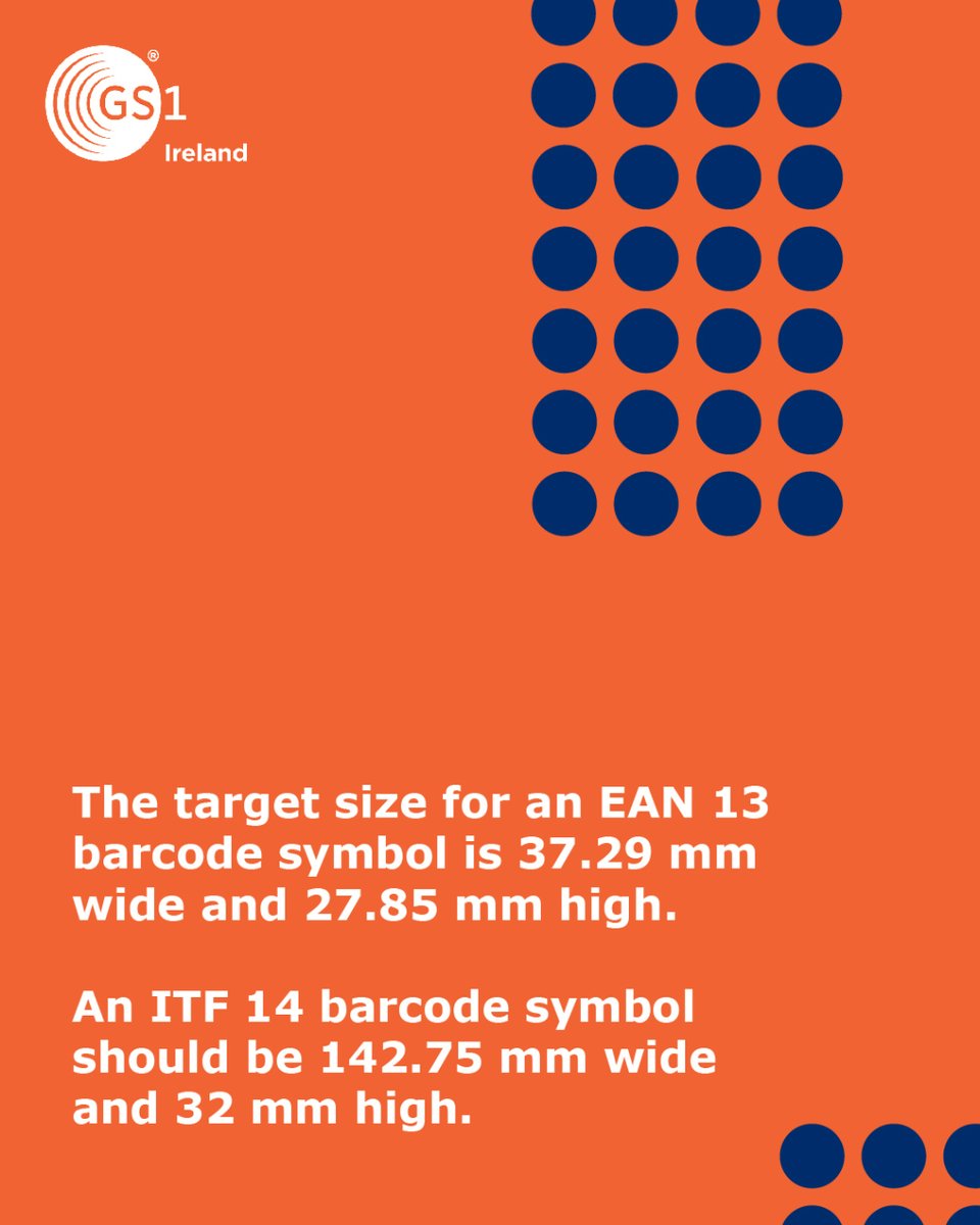 Do barcode symbols need to be a particular size? Yes - there are global guidelines on the ideal size for each type of barcode symbol.  Check out this post to learn more!  #barcodes #gs1 #barcodesize #gs1ireland #barcodescanner