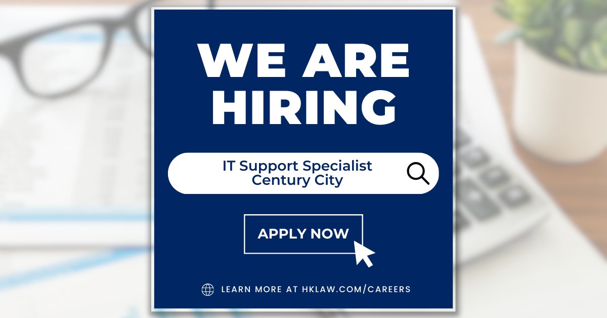 💻 Ready to join the H&K team as an #IT Support Specialist? 🔌 In this role, you will provide essential #technicalsupport to attys and staff in our #CenturyCity office. Learn more about this opportunity and apply now: bit.ly/49GTTr5#HKCare… #LegalCareers #ITCareers