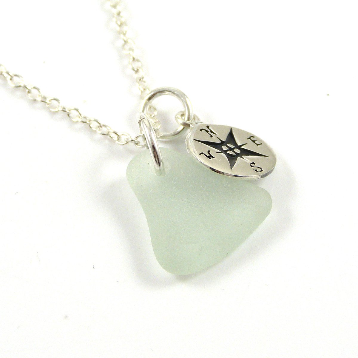 Light Teal Sea Glass, Sterling Silver Compass Charm Necklace, Gift Boxed - Ready to Ship tuppu.net/950dd448 #UKGiftHour #womaninbizhour #EarlyBiz #shopindie #HandmadeHour #craftbizparty #thestrandline #elevenseshour #MHHSBD #UKGiftAM