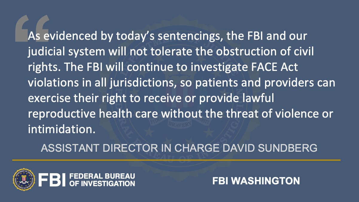 Seven Defendants Sentenced for Federal Conspiracy Against Rights and Freedom of Access to Clinic Entrances (FACE) Act Convictions for 2020 Washington, D.C., Clinic Invasion and Blockade ow.ly/tL9o50RIPhc

@CivilRights @USAO_DC