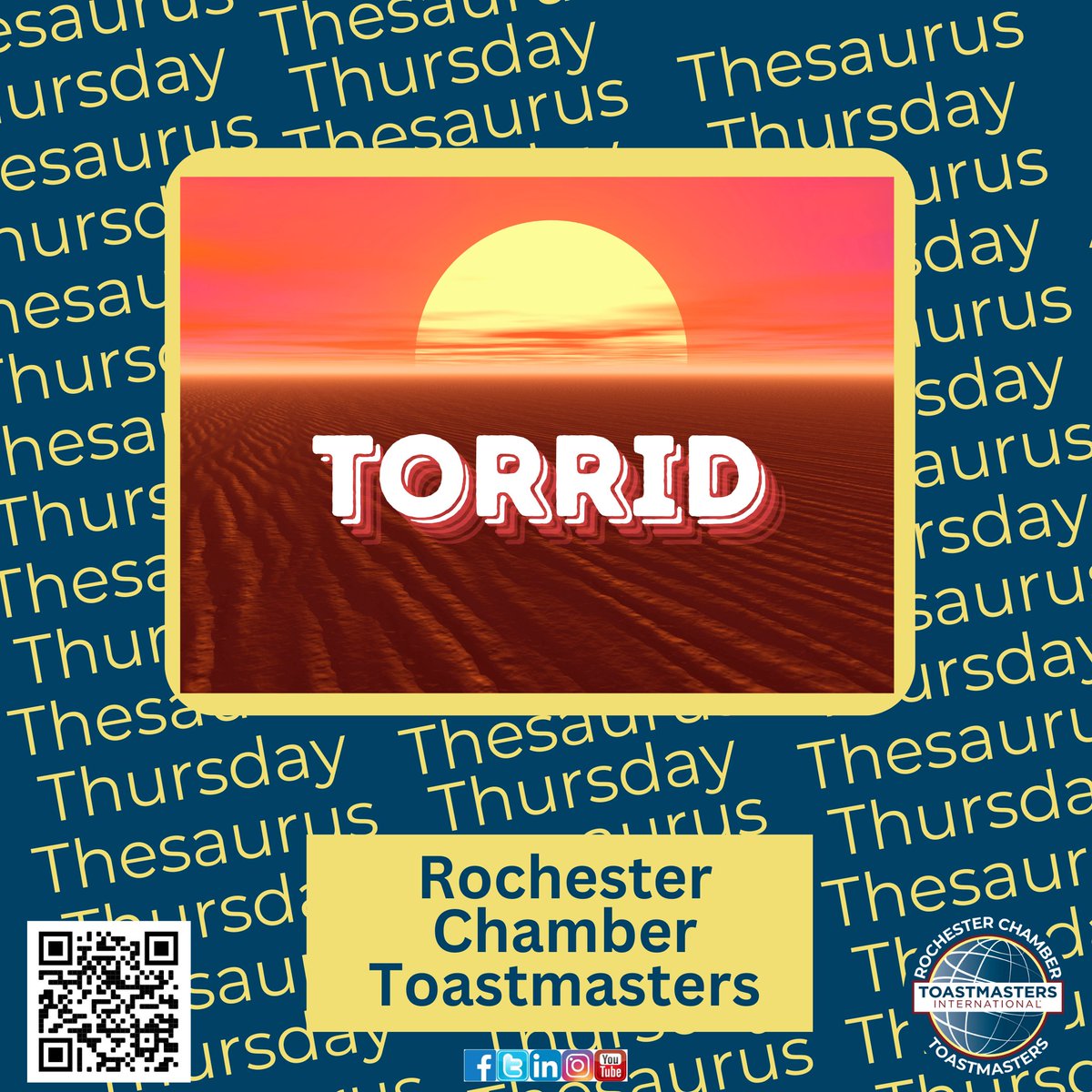 Thesaurus Thursday - Enjoy the gentle warmth of spring before the “Torrid” days of summer arrive (def) oppressively hot, parching, or burning, ardent; passionate #toastmasters #rochmn  #mn #rochester_mn #publicspeaking  #neighborshare #neighborstory #wordofday #torrid