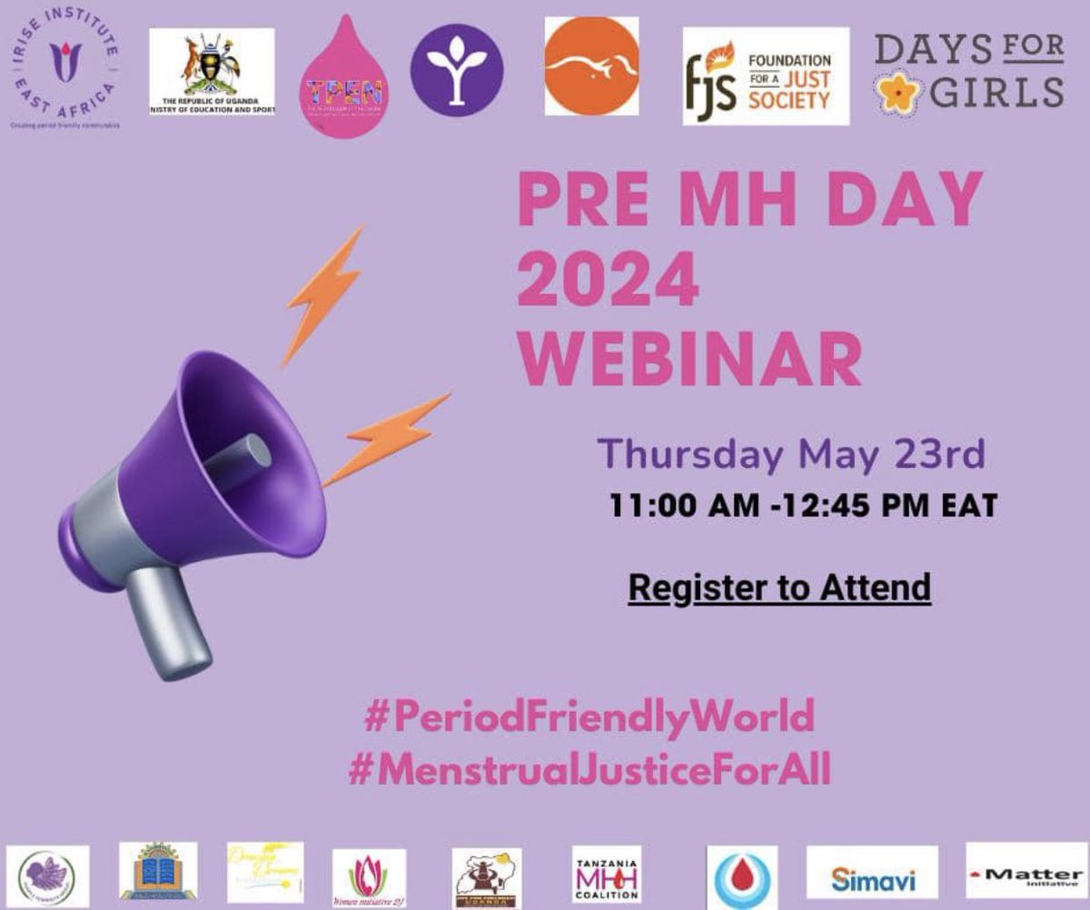 It’s #menstrualhygiene month and @IriseEastAfrica is organizing a Pre-menstrual health webinar on the 23rd May, 2024. Join us as we build a #friendlyperiodworld. Join the Revolution!

us02web.zoom.us/meeting/regist…
#mhday #menstrualjustice #periodgiving