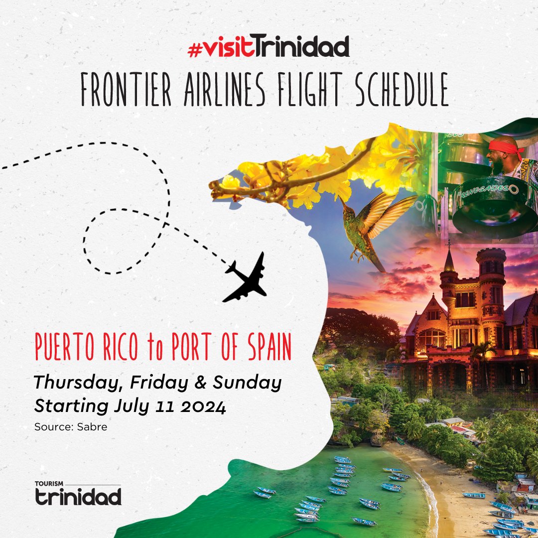 Here's a look at @FlyFrontier's flight schedule to Trinidad! Starting July 11, 2024 - they will fly direct from San Juan to Port of Spain on Thursday, Friday and Sunday. Book now: flyfrontier.com #visitTrinidad