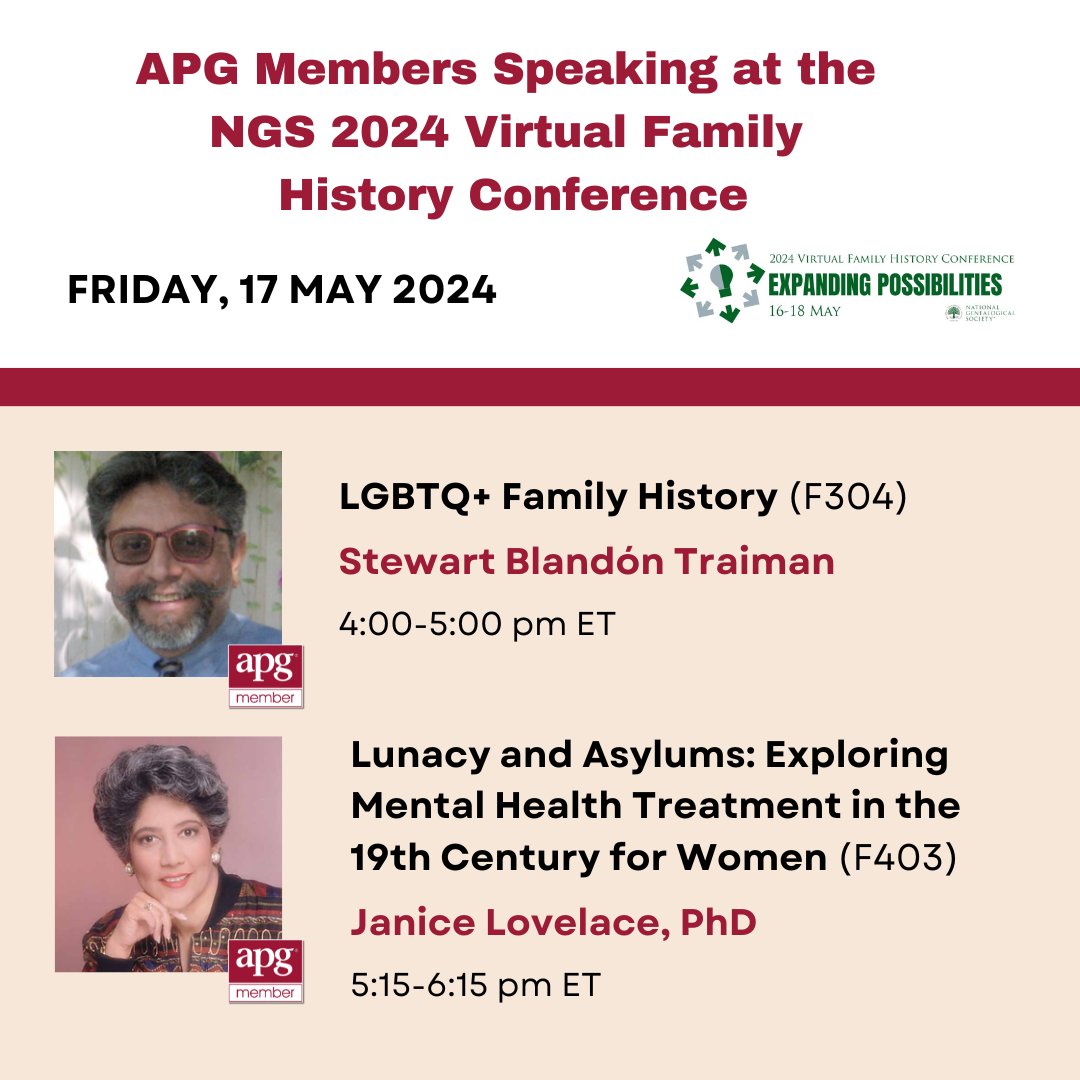 APG is proud to have more than 30 members speaking at this week’s @NGSgenealogy 2024 Virtual Family History Conference “Expanding Possibilities,” including presentations from Stewart Blandón Traiman & Janice Lovelace this Friday. See you there! #NGS2024GEN