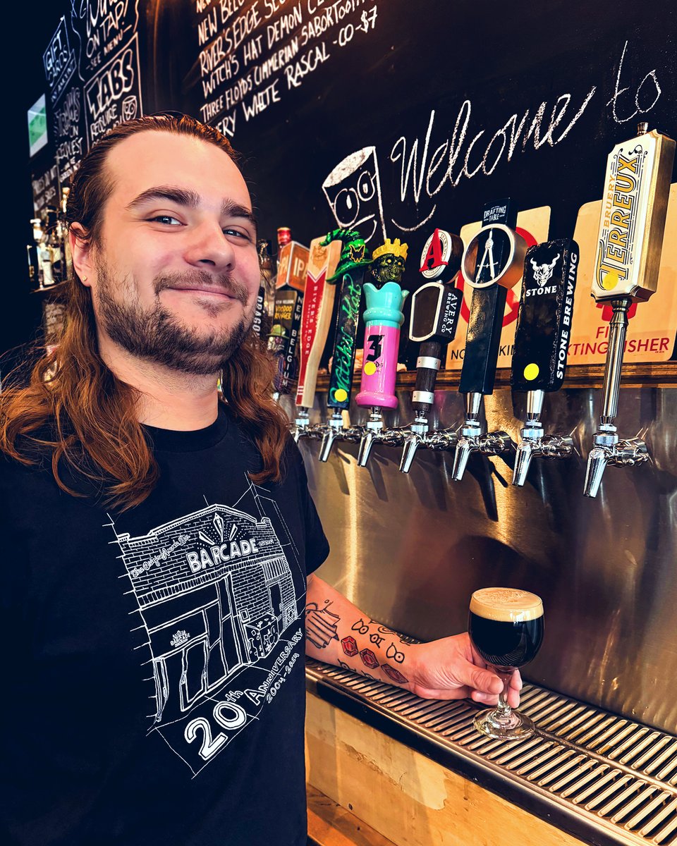 Garet shows off @StoneBrewing's Sublimely Self-Righteous Black IPA, an Imperial Black IPA with a strong hop aroma and flavors of roasted malt, smoky grain, and earthy hops. Come by, say hi, and enjoy a pint!! #Barcade #Detroit #Beer #CraftBeer #AmericanCraftBeerWeek