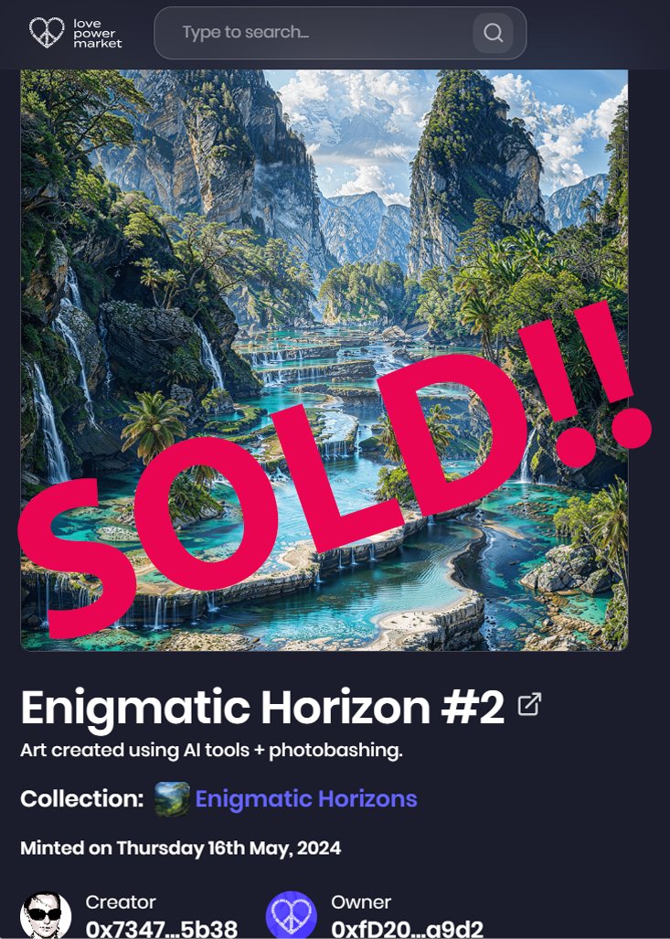 SOLD OUT! 🥳🥳🥳

I'm very happy because @LovePowerCoin chose my piece to be purchased as part of their wave of support!! Thank you very much!! 🙏🙏🥰🥰

#LoveSupports ❤️❤️❤️

Enigmatic Horizon #2 
lpm.is/nft/0xb0A5818c…