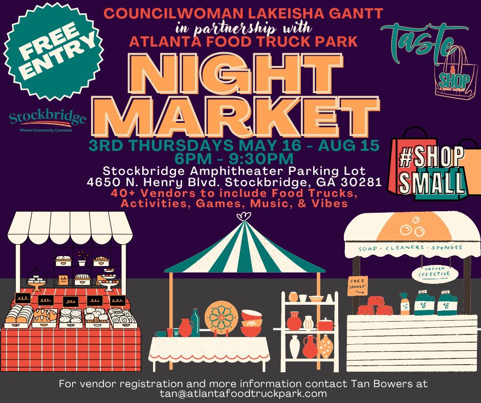 **It happens on this Thursday, May 16, 2024, from 6 pm to 9:30 pm! Check out this fun community series presented by Stockbridge Councilwoman LaKeisha Gantt in partnership with the Atlanta Food Truck Park. FREE ENTRY!