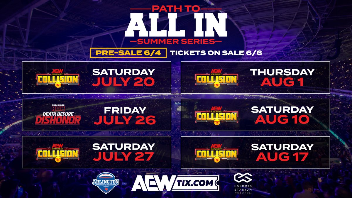 As first reported by @dallasnews, AEW and the City of Arlington today announced a historic partnership that will feature AEW hosting a summer series of events on the Path To #AEWAllIn, from @EsportsStadium in Arlington beginning Saturday, July 20 allelitewrestling.com/post/aew-path-…