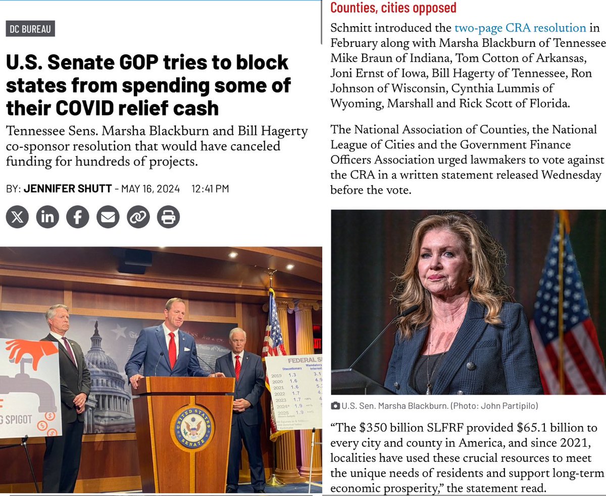 Not only did @MarshaBlackburn & @SenatorHagerty oppose bills passed by Biden & the Dems that funded projects they then took credit for — now they’re trying to kill federally-funded projects against the wishes of our cities & counties. 🫤🤔 tennesseelookout.com/2024/05/16/u-s…