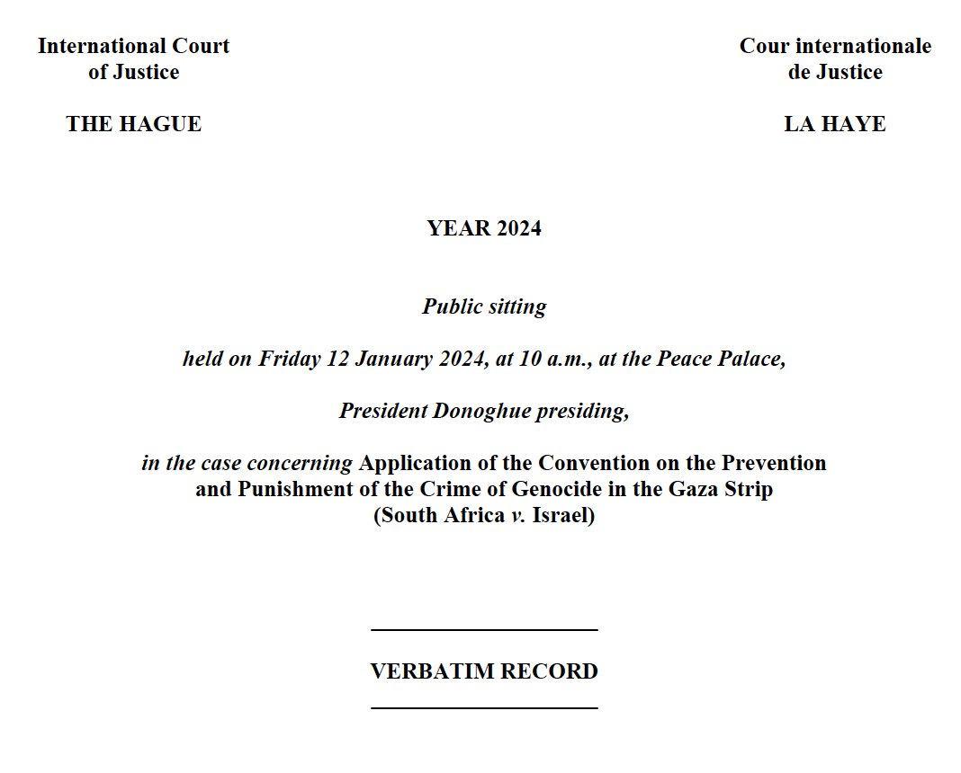 The verbatim record of today's hearings in South Africa v. Israel are now available on the ICJ's website: icj-cij.org/sites/default/…