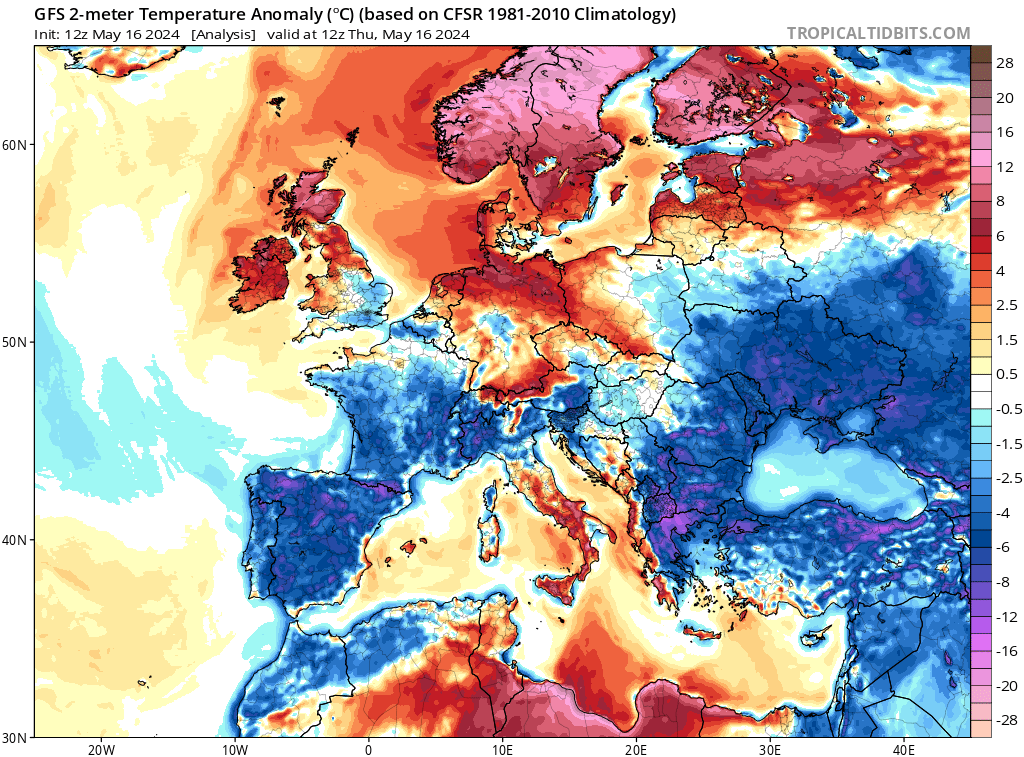 Extreme contrasts in Europe & Mediterranean Up to 28.3 in NORWAY with a monthly record broken:22.7 Sula Fjord Very cold in The West and the East and brutal heat in North Africa. In LIBYA coast 45.7 Sirte,44.2 Misurata MINIMUMS up to 33C in TUNISIA Heat going to Greek Islands next