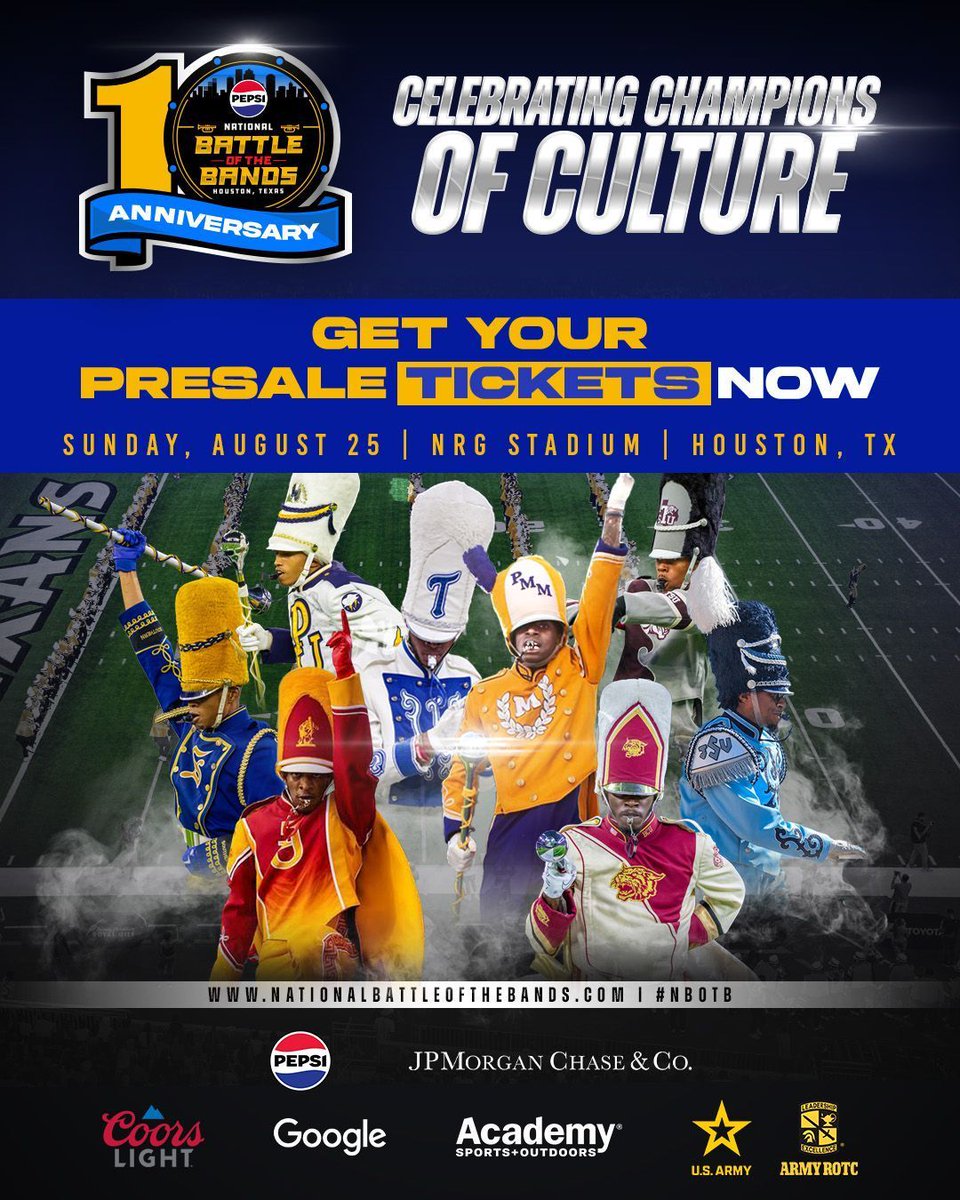 🥁Presale tickets are on sale for the 2024 Pepsi @NationalBOTB on Aug 25, 2024! Use Code: HCHSA 🎟️: hchsa.info/3ygkjTC #HCHSA | #WeAreHoustonSports | #NBOTB