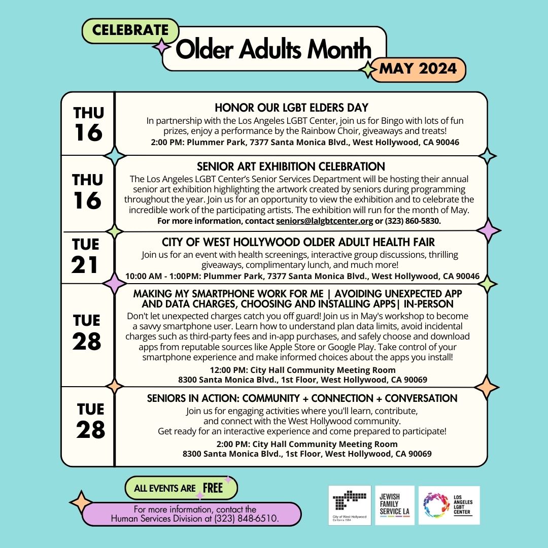 🎉 Join us in celebrating Older Adult Month in #WeHo! Don't miss out on the exciting events and activities lined up for you. 

Check out the schedule and join the fun! 

Info at go.weho.org/3V2kDOI

#OlderAdults #CommunityEvents