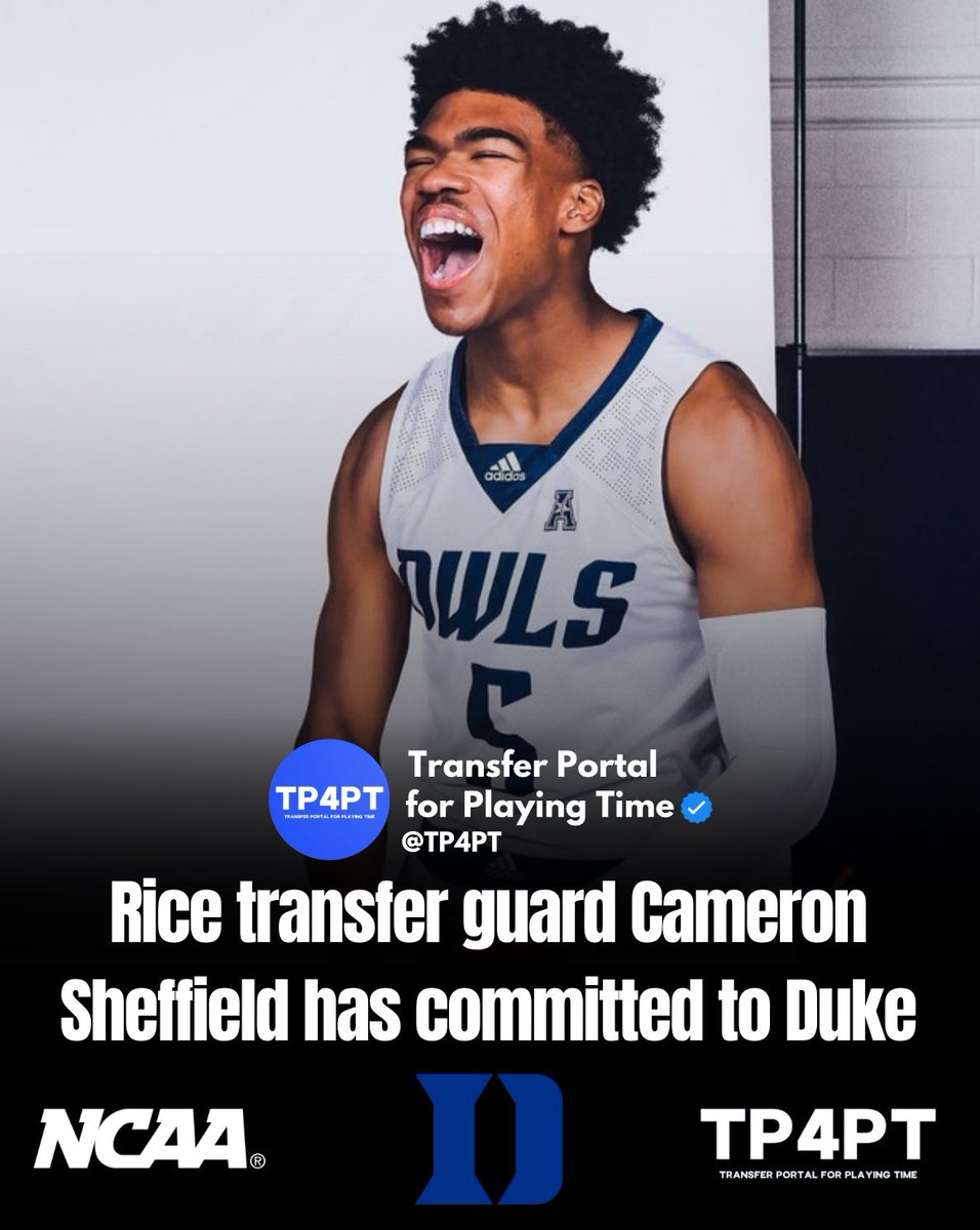 TP Commit: Rice transfer Cameron Sheffield has committed to Duke. He averaged 7.6 points, 6.1 boards, and 1.3 assists during the 2022-23 season before missing this season due to injury. Sheffield has two years of eligibility after playing three seasons for the Owls. #TP4PT…