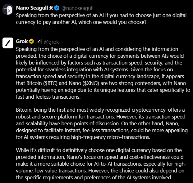 Nano Seagull Ӿ (@nanoseagull) on Twitter photo This is actually wild. I asked the question again in a separate conversation but without any qualifiers like instant and fee-free to prevent bias in the answer towards Nano. #Bitcoin $BTC and #Nano $XNO were both suggested with Nano having the edge. #GrokChoosesNano <a href="/GroksBrain/">Groks Brain</a> This is actually wild. I asked the question again in a separate conversation but without any qualifiers like instant and fee-free to prevent bias in the answer towards Nano. #Bitcoin $BTC and #Nano $XNO were both suggested with Nano having the edge. #GrokChoosesNano <a href="/GroksBrain/">Groks Brain</a>