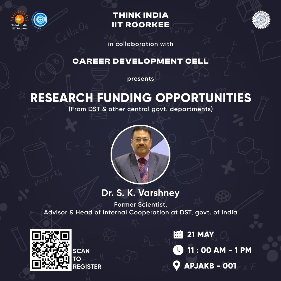 Dr S K Varshney @skvdst  would be delivering a guest lecture on Research Funding Opportunities at @iitroorkee organized by Think India IITR and CDC IITR