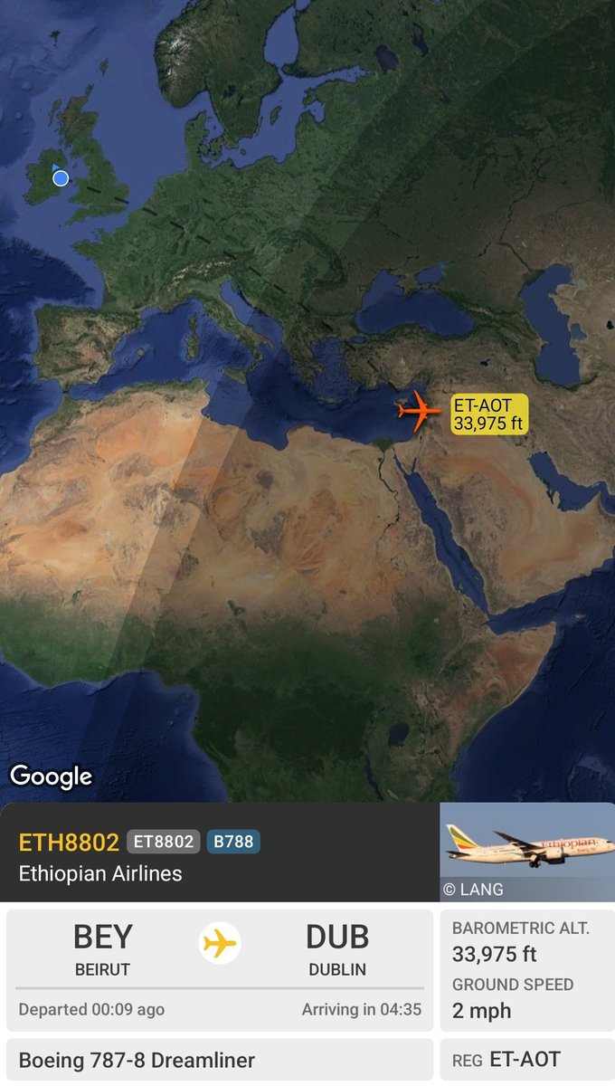 Making its way for departure to Dublin at Beirut is this @flyethiopian Boeing 787 bringing Irish troops home. GPS spoofing / jamming is showing it at 33975 ft