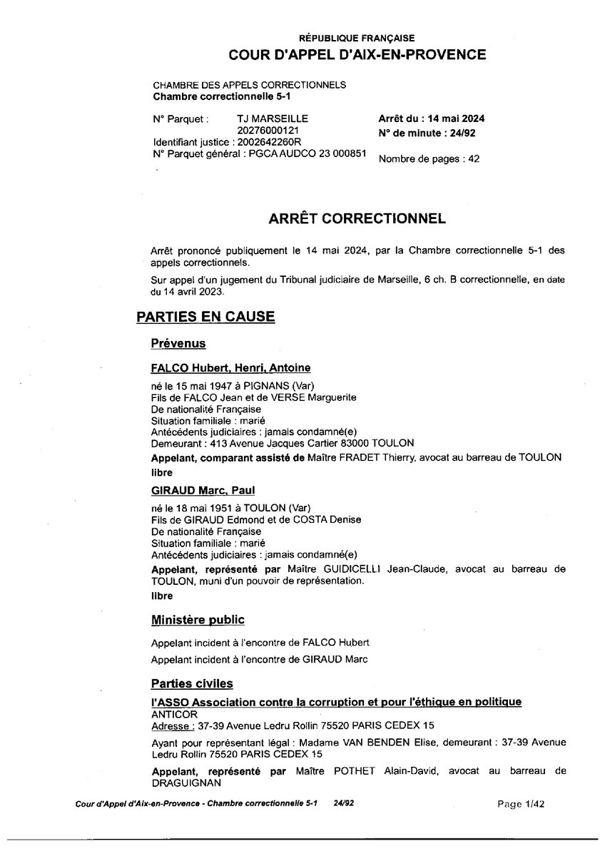 L'ancien maire de Toulon <a href="/hubertfalco/">Hubert Falco</a> condamné le 14 mai pour recel de détournement de fonds publics en appel. Si certains faits sont prescrits, de 2002 à  2018, plus de 300 000 euros de frais de bouche sont concernés. L'arrêt à lire en intégralité ici. bit.ly/4dIlZWg