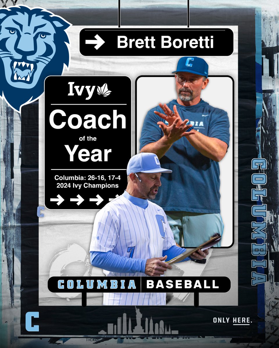 Head coach Brett Boretti has been named @IvyLeague Coach of the Year for the fourth time in his career! 🌿⚾️ Boretti led Columbia this year to the 7⃣th Ivy League title of his tenure. Congrats on another accomplishment, coach Boretti! 🥇 #RoarLionRoar🦁 #OnlyHere🗽