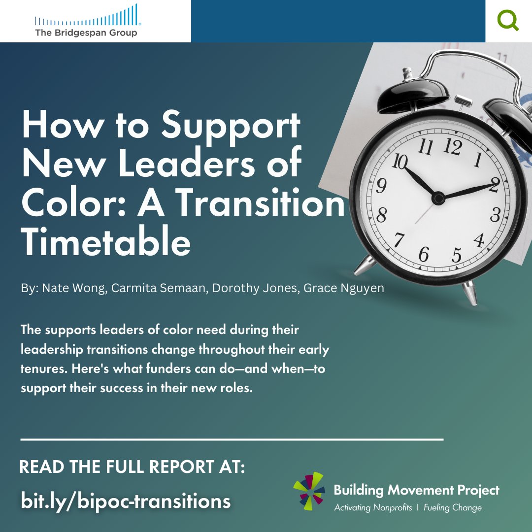 NEW: @BridgespanGroup released a resource to help boards in bringing on new leaders of color. Based on BMP's 'Avoiding the Glass Cliffs' work, the timetable gives guidance to support the success of these leaders in their new roles. Access the resource: hubs.la/Q02xs1D10