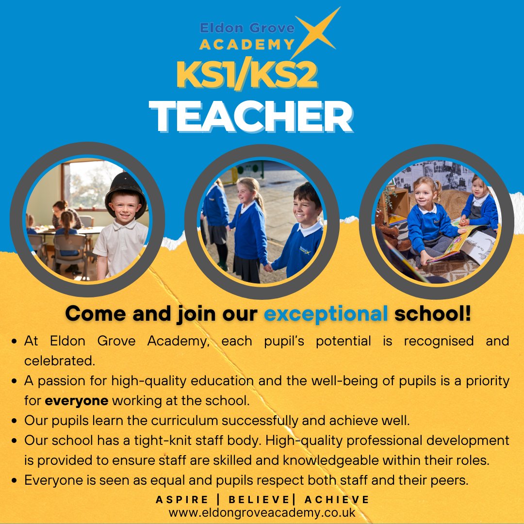 JOIN OUR EXCEPTIONAL SCHOOL

We currently have a vacancy for a KS1 or KS2 teacher (temporary for one year in the first instance). 

Visit northeastjobs.org.uk/job/Classroom_… for more information.

#Teaching #TeachingJobs #NorthEast

cc:@extoltrust