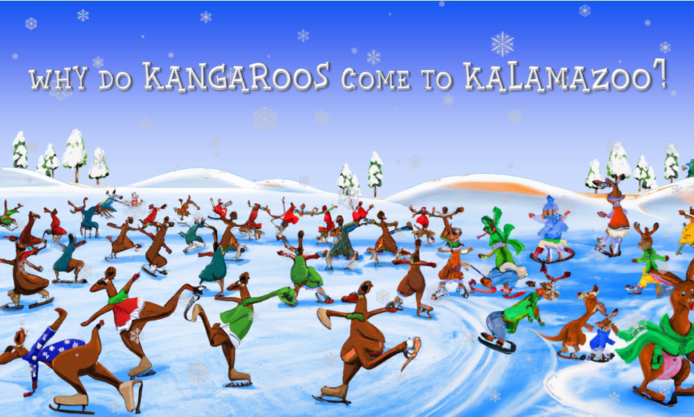 Once a year, when the temperature dips a degree below two, the kangaroos come to Kalamazoo. They come by the planeloads—and train loads—and boats. They come with their mittens, their scarves, and their coats. But what do they do in Kalamazoo?
#KidLitPit #PB #BVM