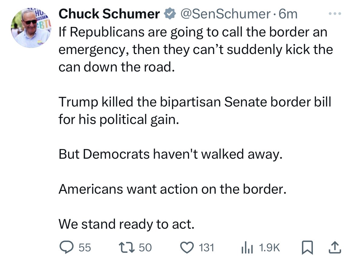 Chuck Schumer has 3.2 million followers yet he can’t get 200 likes on a post.  No one is buying their BS anymore