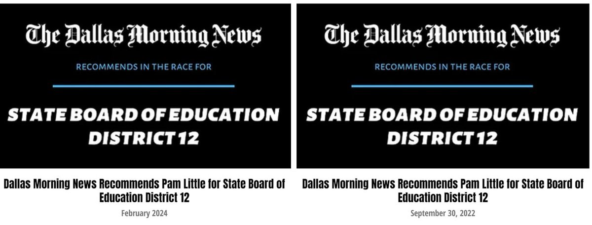 I want to congratulate my opponent on getting the strong endorsement of the New York Times of Texas - The Dallas Morning News.

Twice!

As her record demonstrates, she's worked hard these past 5 years to earn it.

For conservative voters, let that sink in.