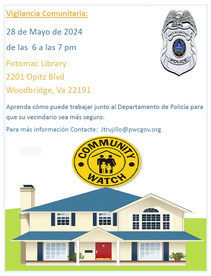 #PWCPD #CrimePrevention Unit is hosting a presentation on the #CommunityWatch program on Tuesday, May 28 from 6 to 7 p.m. The free presentation will be at the Potomac Public Library, 2201 Opitz Blvd., #Woodbridge. For more information, check out the flyer;