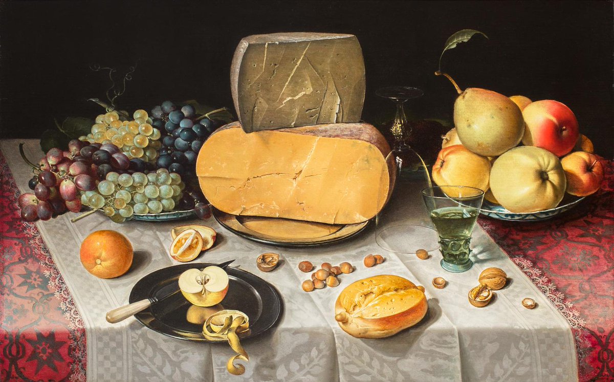 La @NationalGallery ha recibido en préstamo de una colección privada este espectacular y delicioso (literalmente, además 😋) Bodegón con Queso, Frutas, Pan y Nueces de Floris van Dyck.