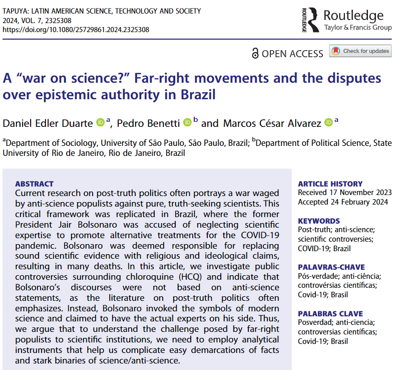 New paper out!💡📑 The article examines disputes over epistemic authority during the #pandemic in Brazil, highlighting that Bolsonaro’s post-truth politics is more complex than simply disregarding modern science and spreading #fakenews, thus requiring more nuanced critique