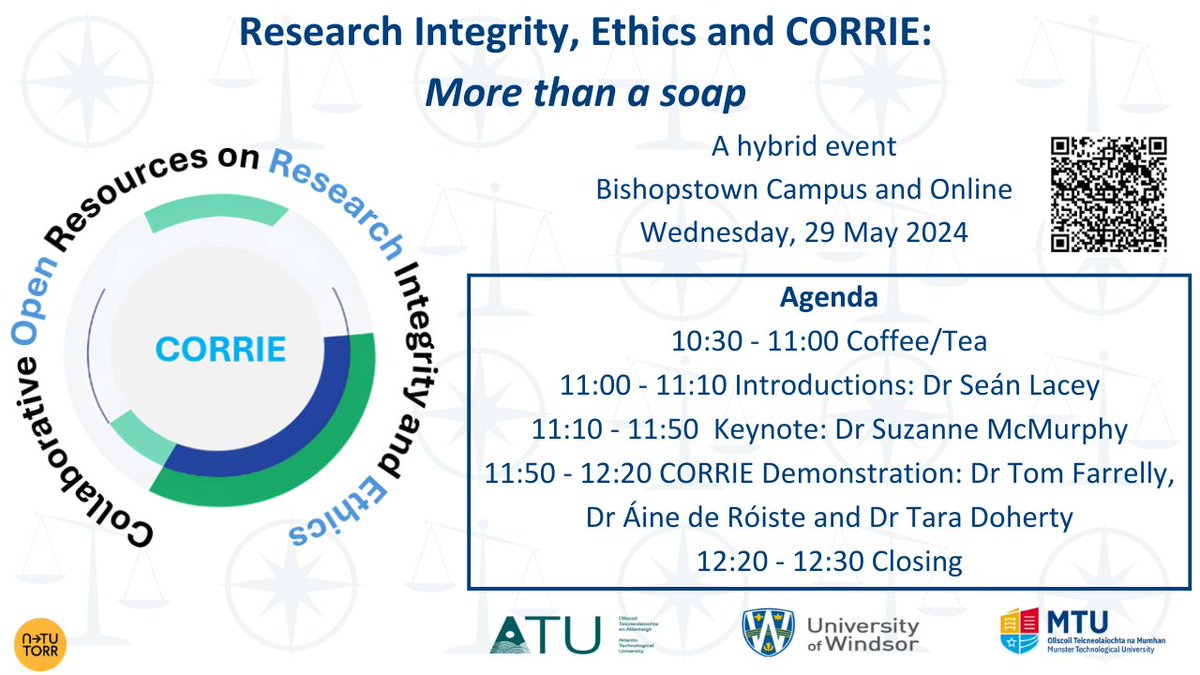Join the #hybrid event #ResearchIntegrity #Ethics and #CORRIE - More than a soap on Wednesday 29 May for the latest #OER on #ResearchIntegrity & #ResearchEthics from #RIMTU

#Keynote from #DrSuzanneMcMurphy of @UWindsor 

#NextGenerationEU @ntutorr @TomFarrelly @ATU_ResearchDL