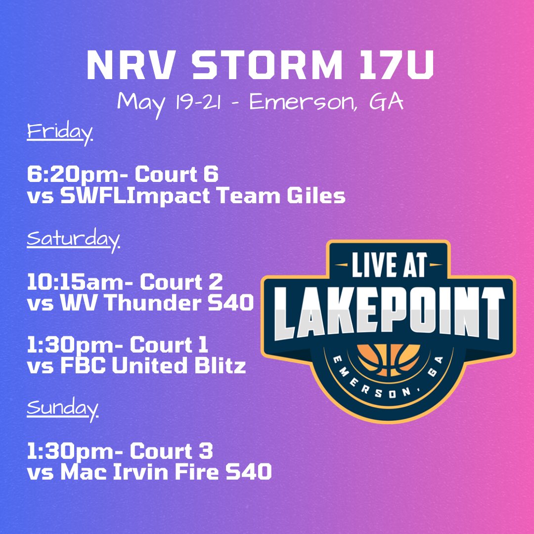 Swing by and check out NRV Storm 17U this weekend in Emerson, GA at Live at Lakepoint! 

@MoriahTate2025 <a href="/hayziah14699/">Hayziah Dillingham</a> <a href="/sashabrody_/">Sasha Brody</a> <a href="/AveryTanis2025/">Avery Tanis</a> <a href="/blairjackson07/">Blair Jackson</a> <a href="/EmmaRitter0/">Emma Ritter</a> <a href="/sara_larios20/">Sara Larios</a> <a href="/DunbarPayton/">Payton Dunbar</a> <a href="/mcaronn33/">Maddie Caron</a>