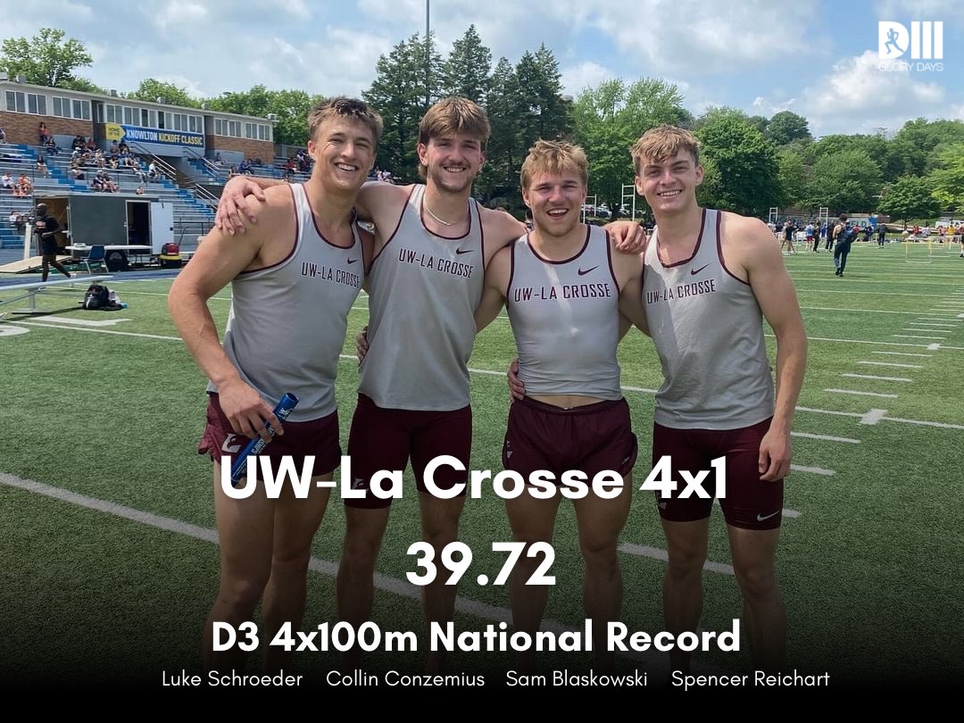 🚨D3 4x100m Record🚨 @UWLMensTF does it again! After setting the 4x1 record in prelims last year, they take off 0.14s at the Augie Last Chance Meet. The team of Luke Schroeder, Colin Conzemius, Sam Blaskowski, and Spencer Reinchart record the 4th sub 40 4x1 in D3 history.