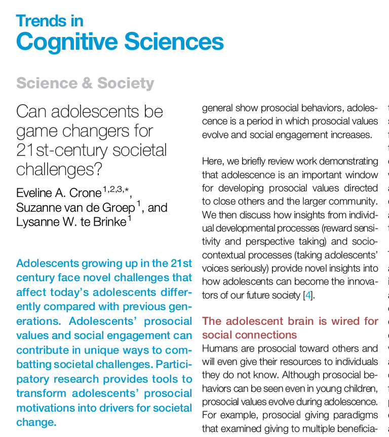 TrendsCognSci's tweet photo. Can adolescents be game changers for 21st-century societal challenges?

Science &amp; Society by Eveline Crone (@EACrone), Suzanne van de Groep (@SuzannevdGroep), &amp; Lysanne te Brinke (@L_teBrinke)

Free access before July 2: https://t.co/jvRWdNidvH https://t.co/F8XVadT6ub