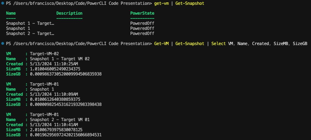 vmwarecode's tweet image. Here&apos;s a quick @PowerCLI one-liner to help you find how much storage your Snapshots are taking up.

Get-VM | Get-Snapshot | Select VM, Name, Created, SizeMB, SizeGB

Join the discussion:  community.broadcom.com/vmware-cloud-f…

#vexpert #vmwarecode #automation