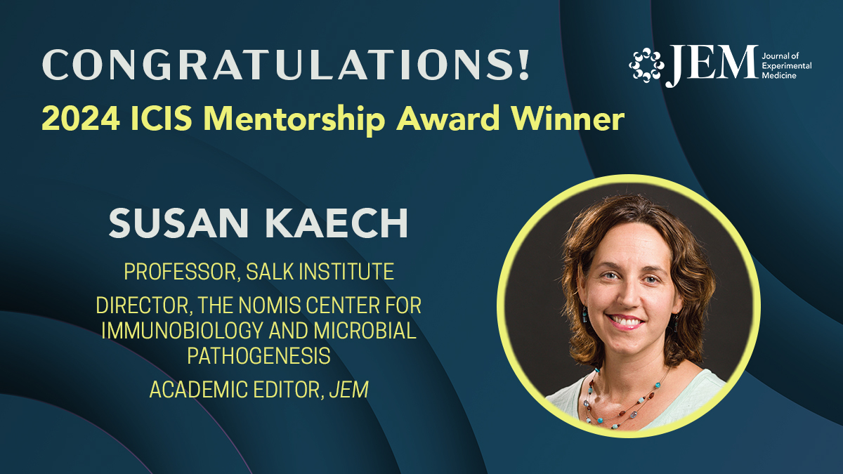 We're joining in congratulating Susan Kaech (@Tcellogic), a Salk Institute Professor @salkinstitute and a JEM Academic Editor, for her 2024 Mentorship Award at International Cytokine & Interferon Society @CytokineSociety. JEM is proud to work with Susan! hubs.la/Q02xrNbF0