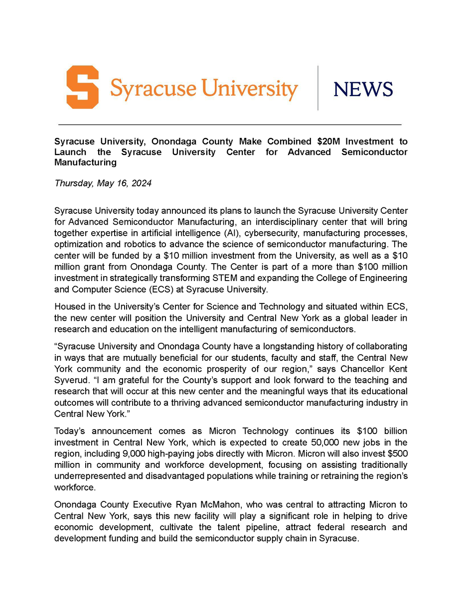 PRESS RELEASE: @SyracuseU, Onondaga County Make Combined $20M Investment to Launch the Syracuse University Center for Advanced Semiconductor Manufacturing