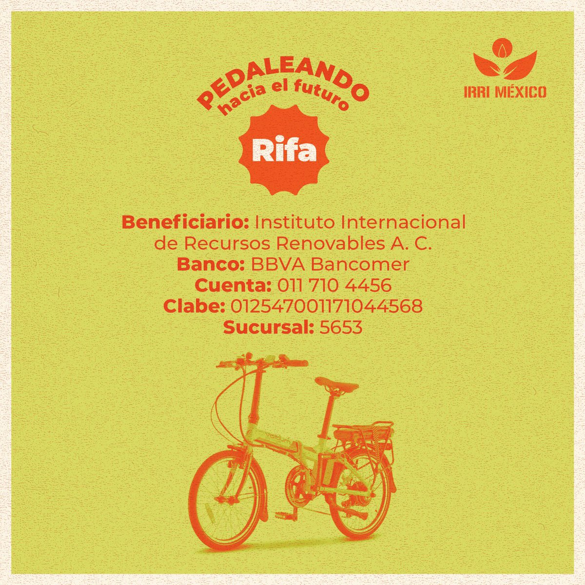 IRRI_Mexico's tweet photo. ¡Participa en la Rifa y gana una Bicicleta eléctrica!

La rifa será el jueves 30 de mayo. 

Costo del boleto: $100 

Enlace del formulario:
https://t.co/WNuEV3zMBL https://t.co/rywKdBwZZZ